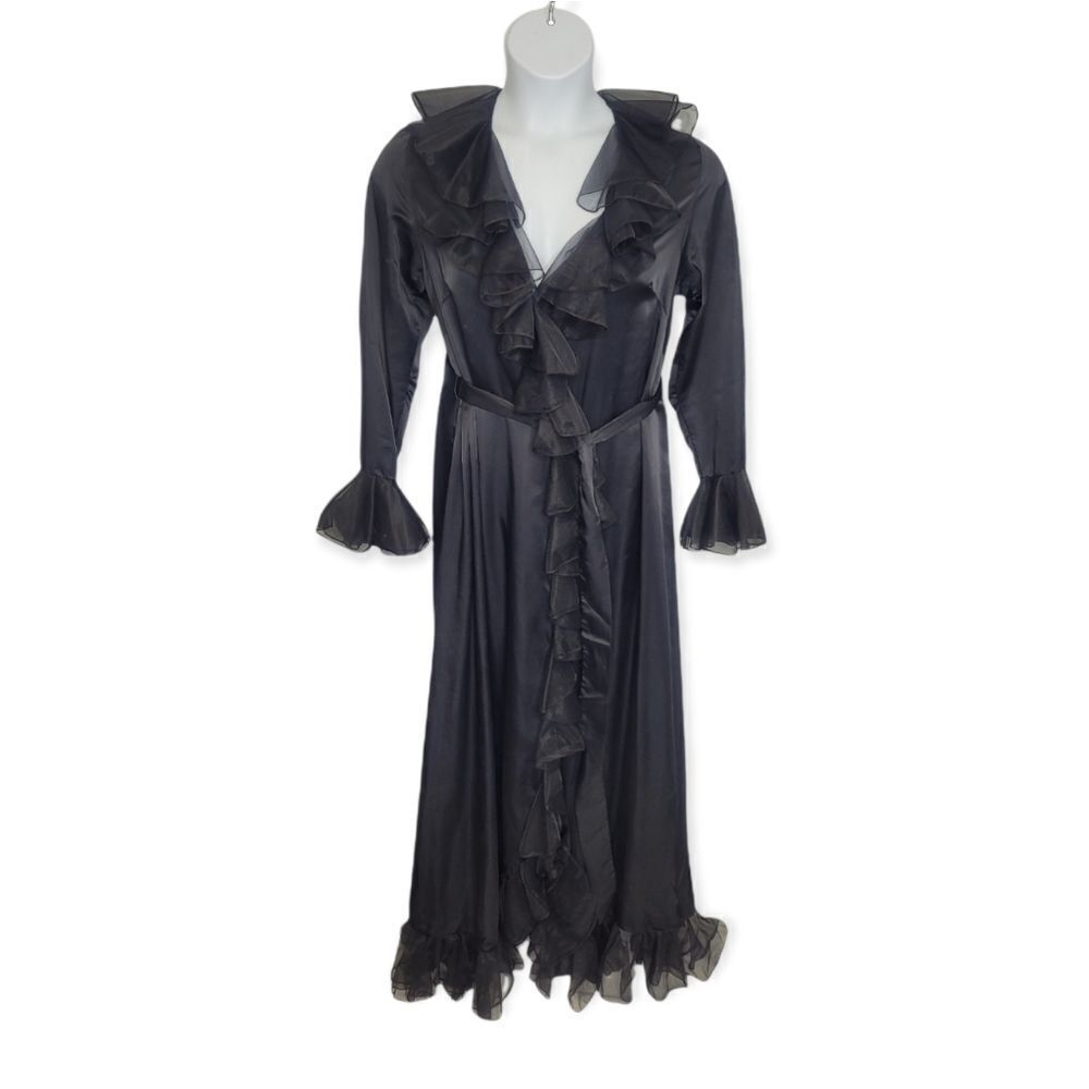 VINTAGE‎ 60s black dress robe Elizabeth Hayes London ruffled long dramatic S